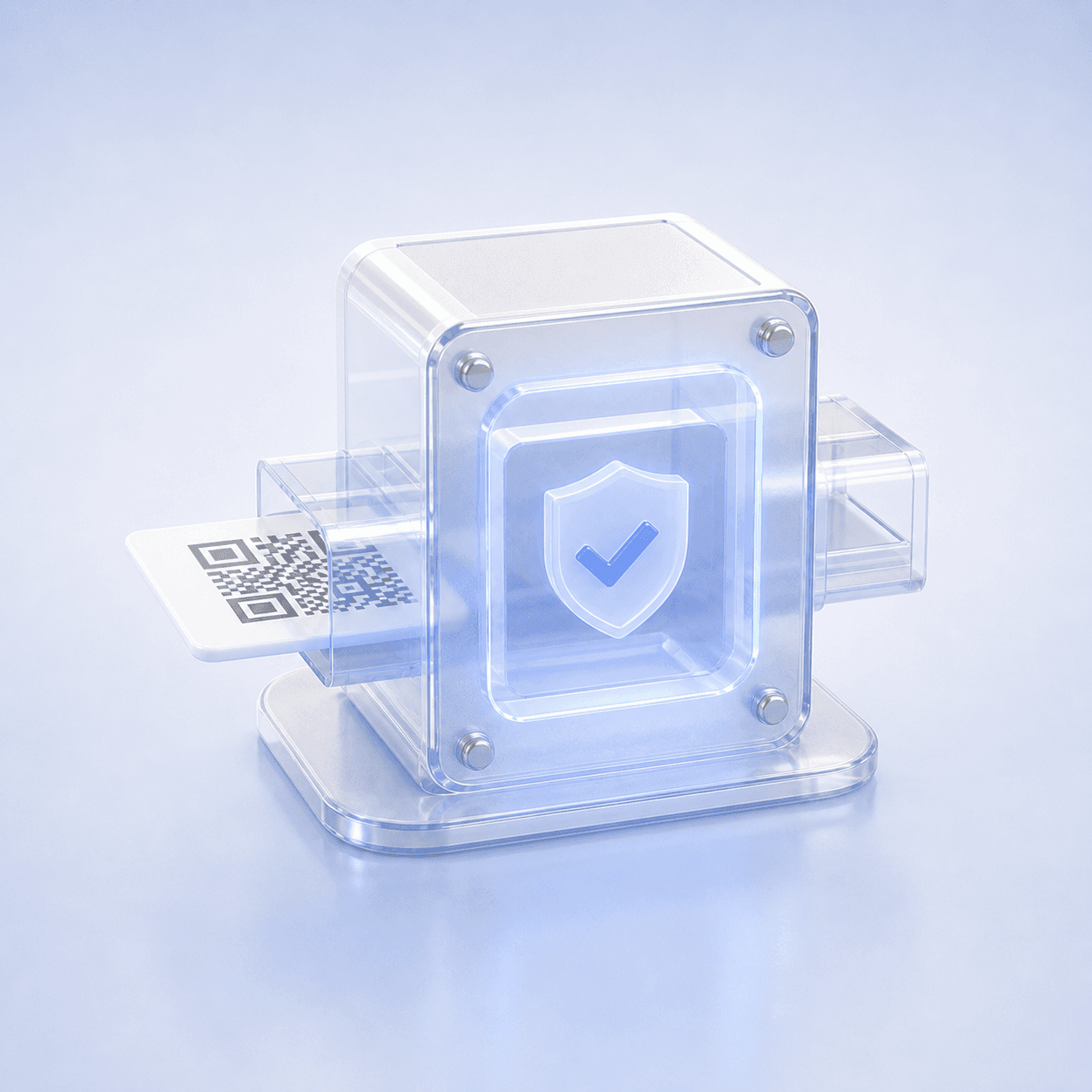 A QR reward card passing through a verification chamber
